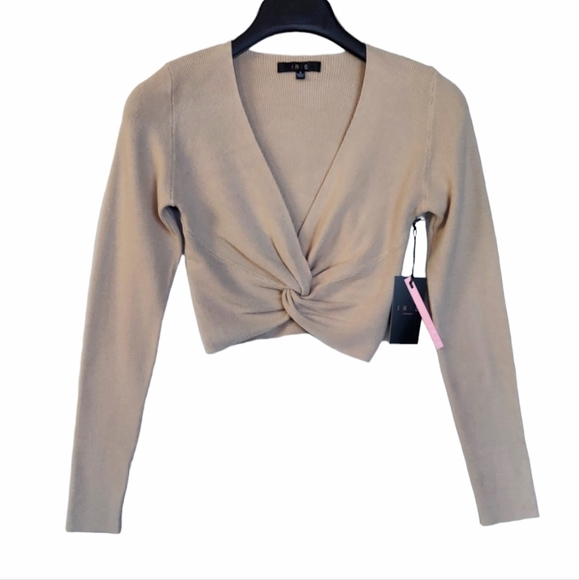 Crop Sweater Womens Small Taupe Knot Front Cropped V Neck Long Sleeve New - Picture 2 of 12